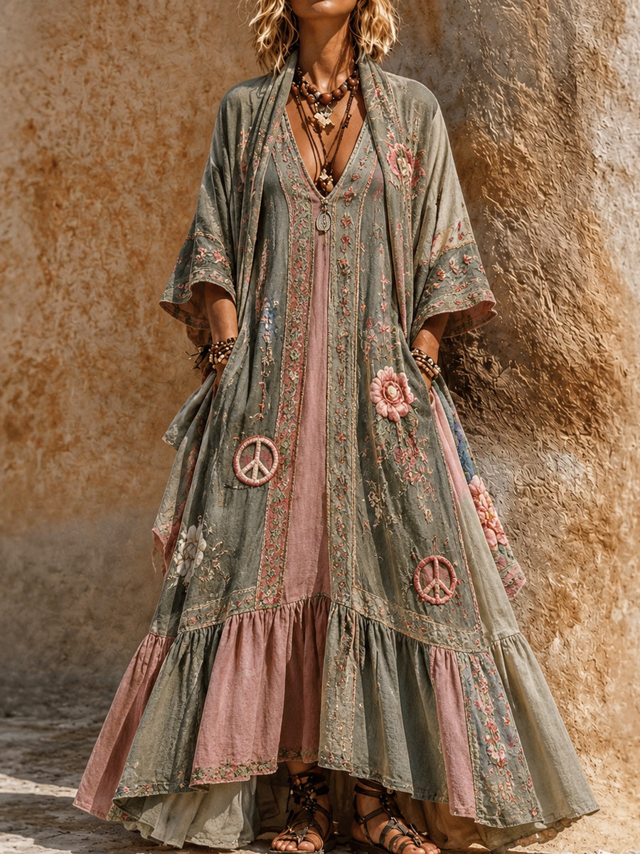 Retro Style Art Printed Vintage Camisole Dress Long Sleeve Two-Piece Maxi Dress