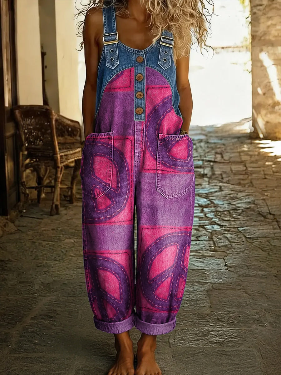 Women's Retro Style Art Print Washed Cotton Denim Patchwork Jumpsuit