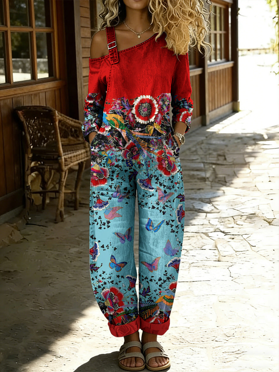 Women's Retro Style Floral Art Print Washed Cotton Denim Patchwork Jumpsuit