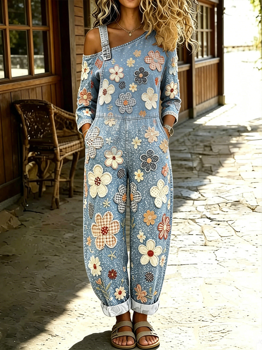 Women's Bohemian Casual Art Print Retro Washed Cotton Denim Patchwork Jumpsuit