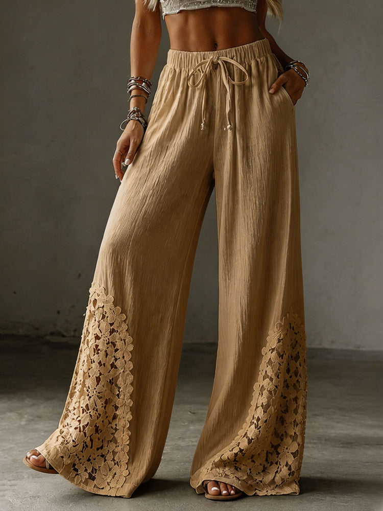 Women's solid color fashionable casual loose lace pocket drawstring elastic waist wide-leg pants
