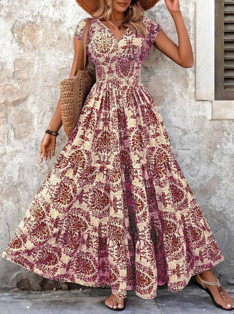 Retro print dress, stylish and elegant V-neck short-sleeved long dress