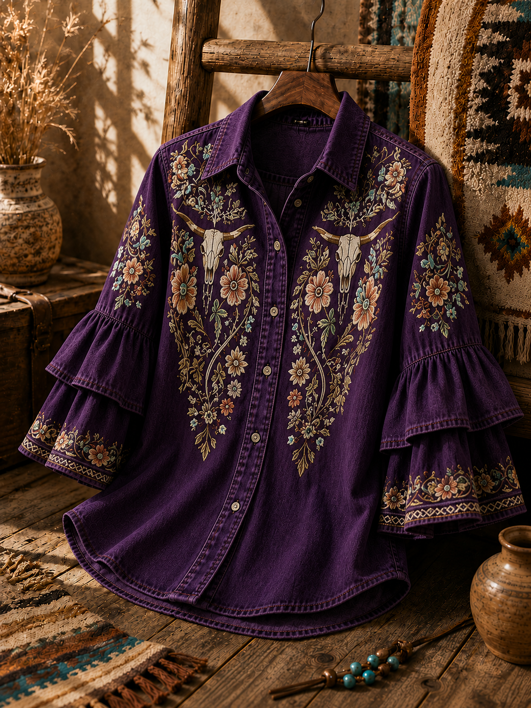 Women's Western Bull Skull Embroidered Ruffle Sleeve Shirt