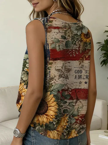 Women's Independence Day Sunflower Print Casual Button-down Tank Top