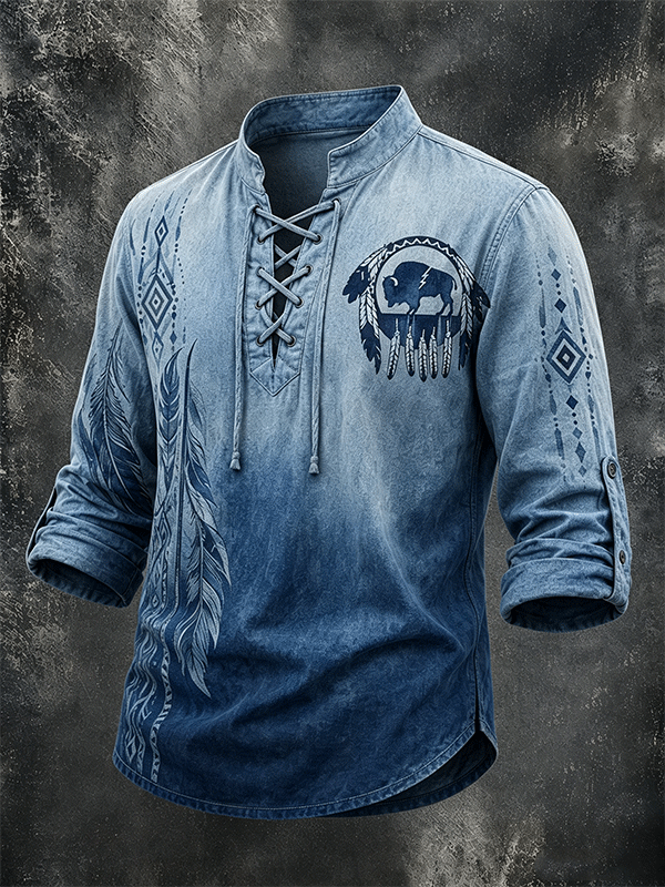 Men's Vintage Western Buffalo Dreamcatcher Lace Up Long Sleeve Henley Shirt