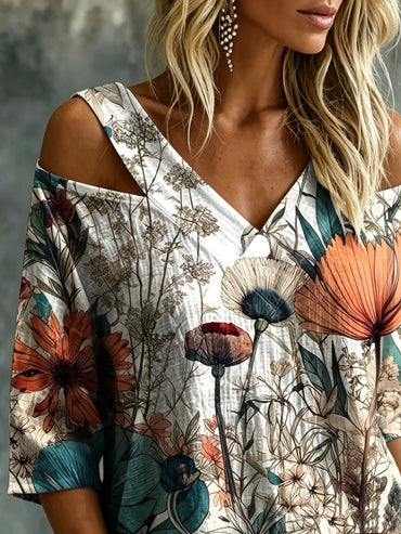Women's Vintage Botanical Floral Print Cold Shoulder Blouse