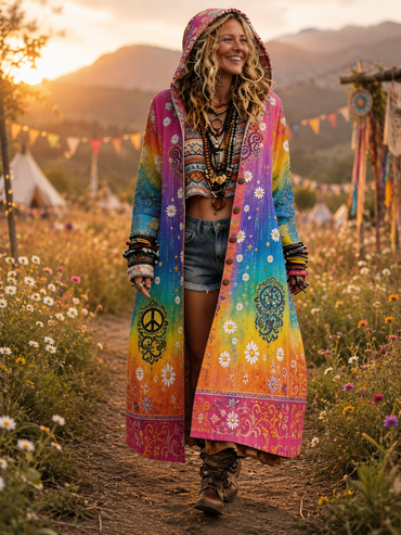 Retro Bohemian Style Art Printed Cotton Buttoned Hooded Casual Loose Long-Sleeved Shirt