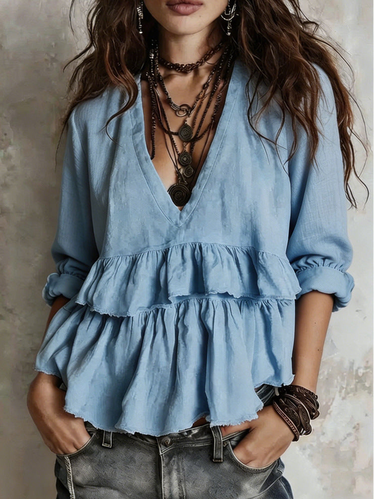 Women's Boho V-Neck Tiered Ruffle Peplum Blouse Top