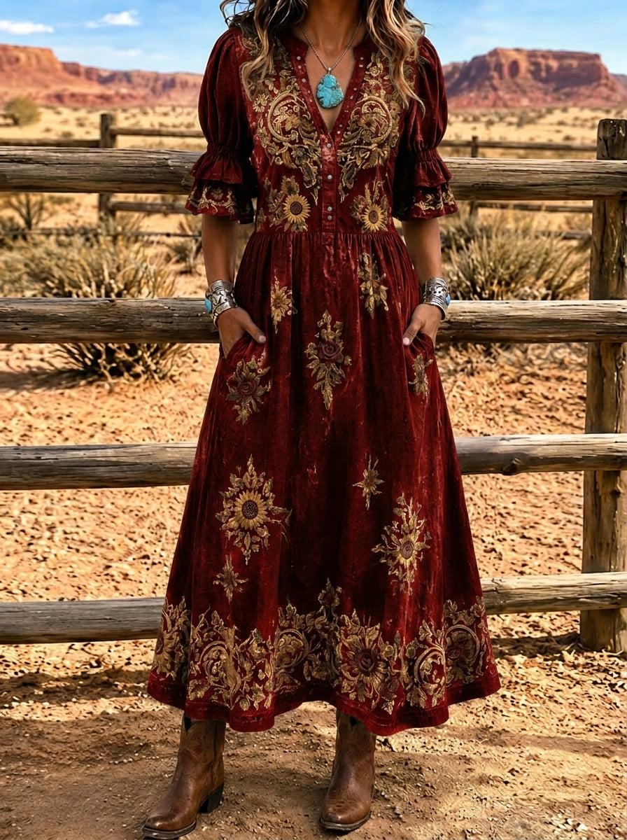 Women's Western Boho Sunflower Floral Printed Velvet Dress