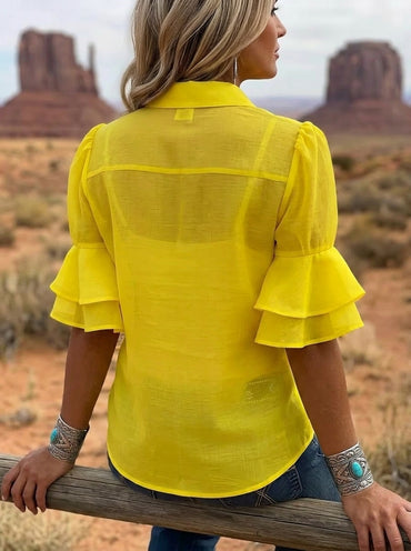 Women's Retro Lapel Puff Sleeve Ruffle Casual Shirt