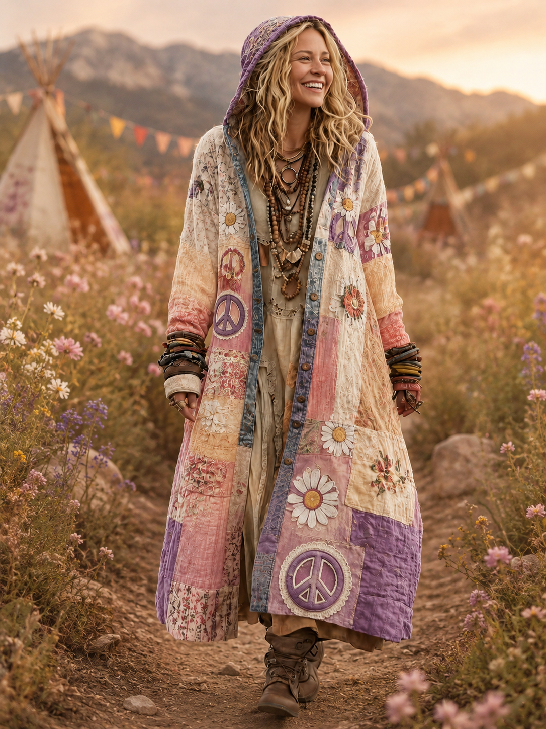 Retro Bohemian Style Art Printed Cotton Buttoned Hooded Casual Loose Long-Sleeved Shirt