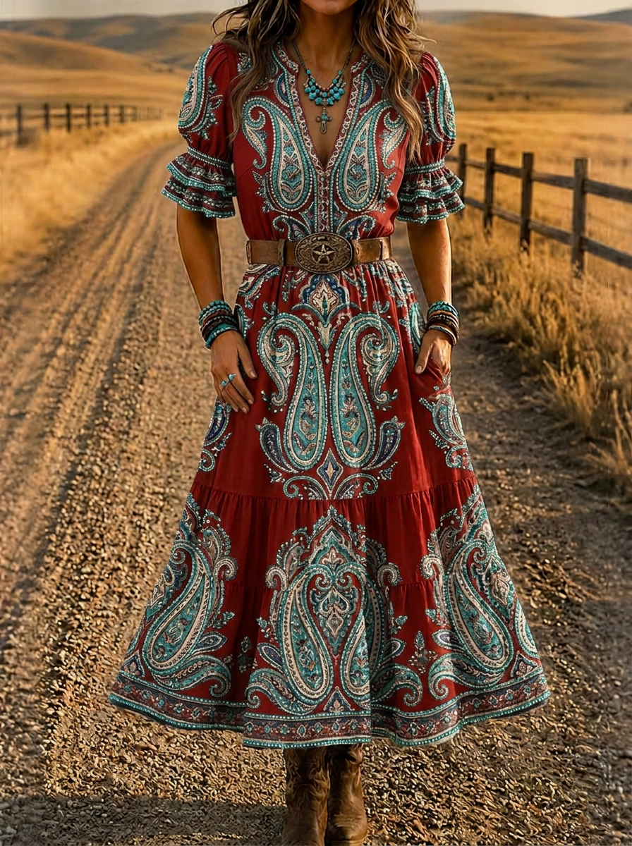 Women's Western Boho Paisley Printed Dress
