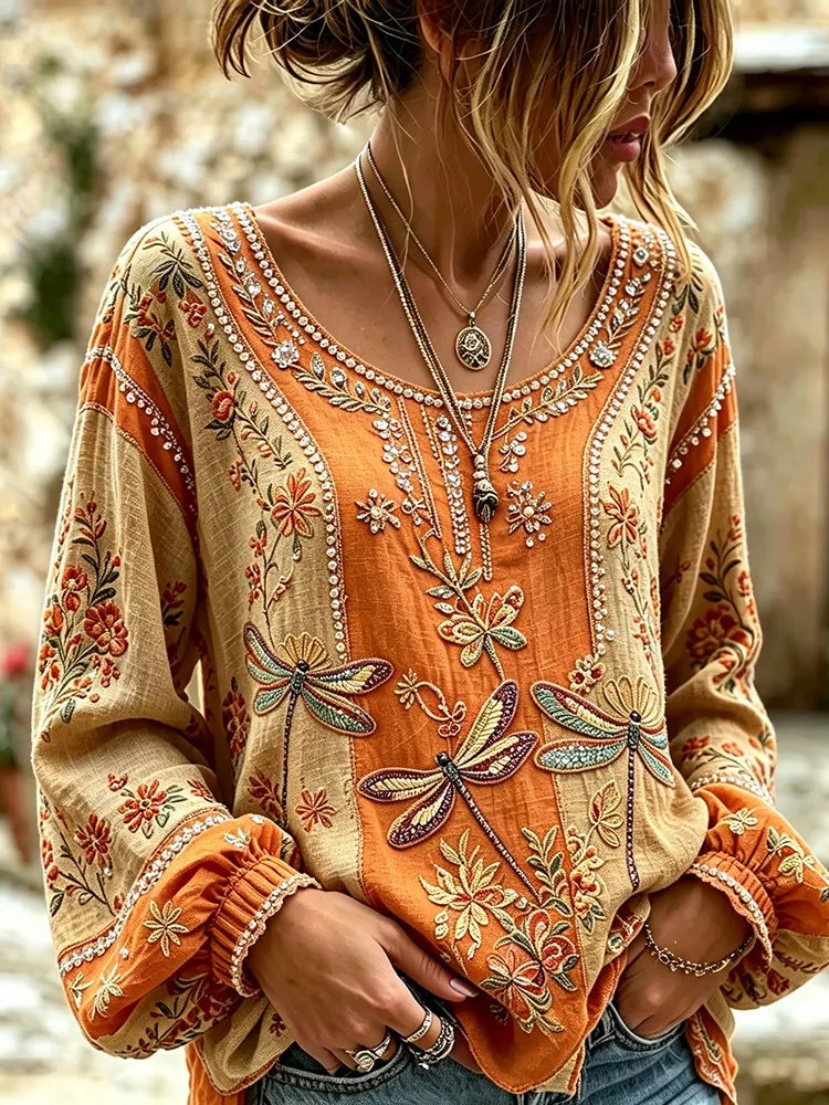Women's Vintage Dragonfly And Floral Art Print Flowy Linen Blend Round Neck Linen Tops
