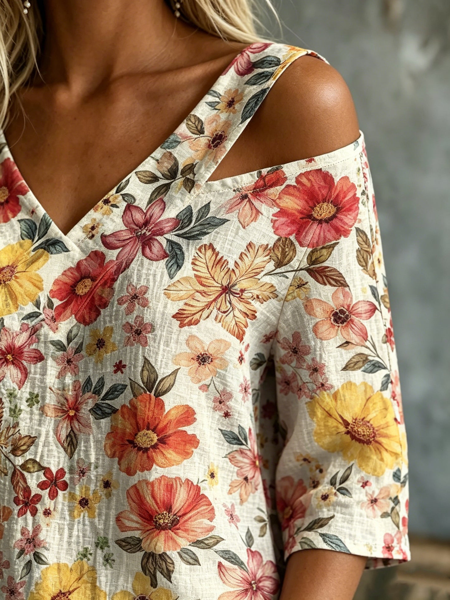 Women's Watercolor Floral Print Cold Shoulder Blouse