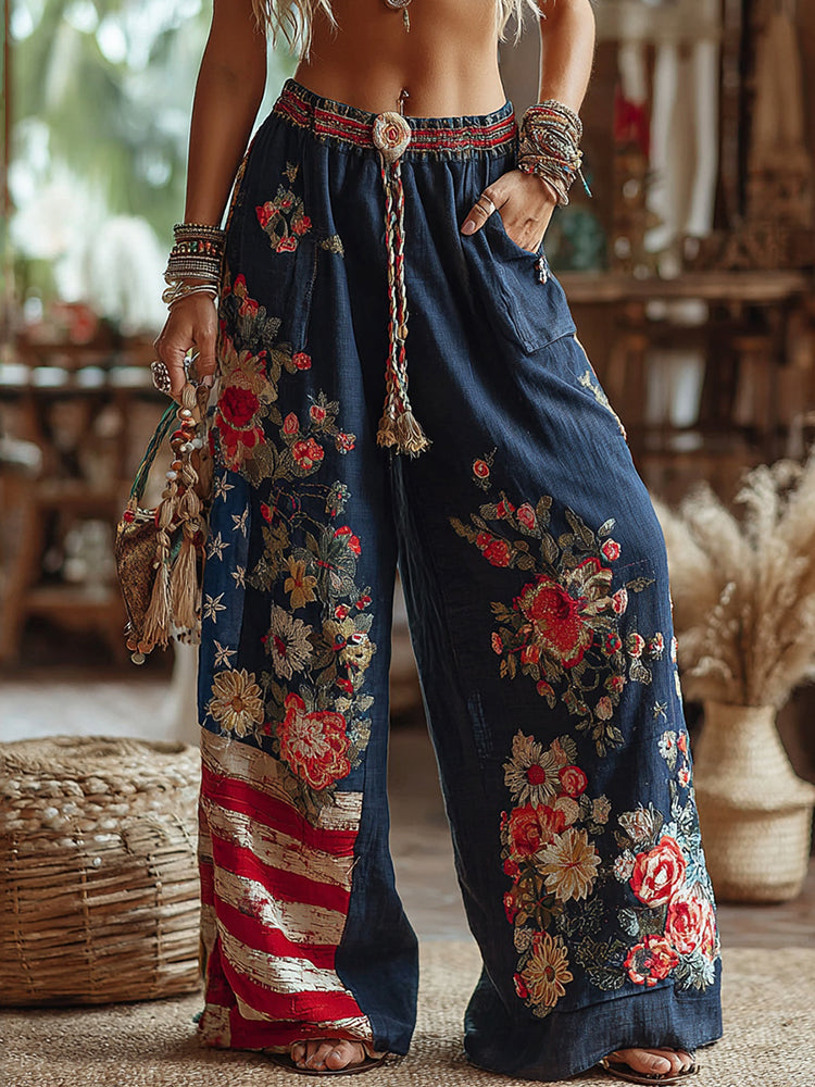 Women's Floral Patchwork Art Print Casual Pants