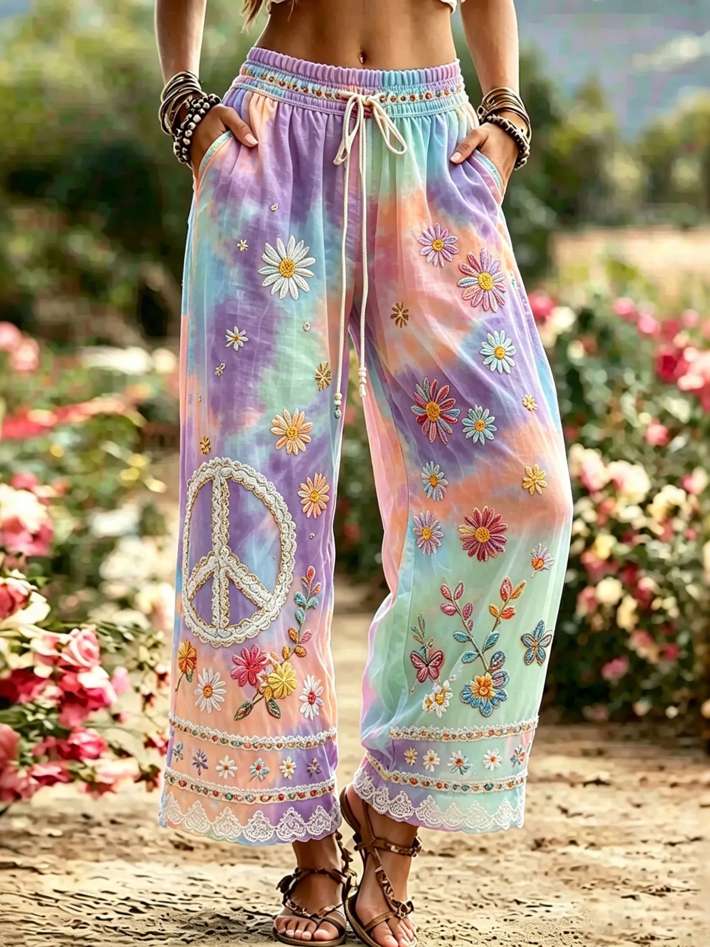 Women's Hippie Peace Symbol Embroidered Cotton Linen Casual Pants