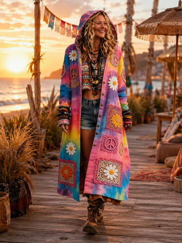 Retro Bohemian Style Art Printed Cotton Buttoned Hooded Casual Loose Long-Sleeved Shirt