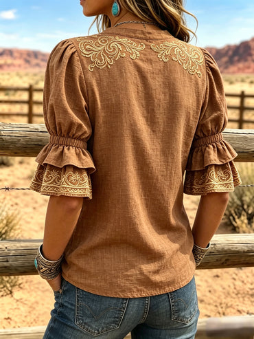 Women's Vintage Art Print Puff Sleeve Casual Shirt