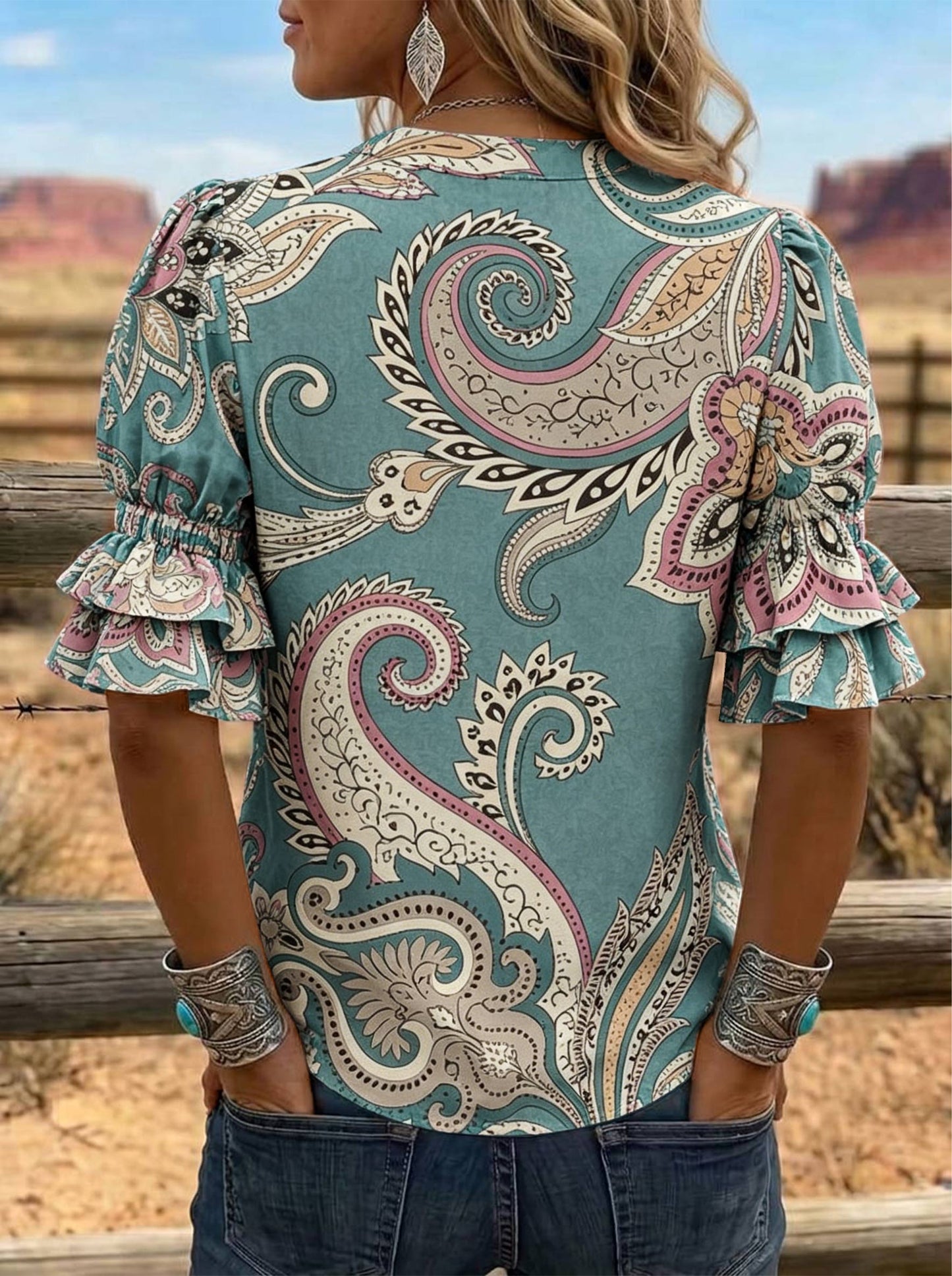 Women's Paisley Print Puff Sleeve Casual Shirt