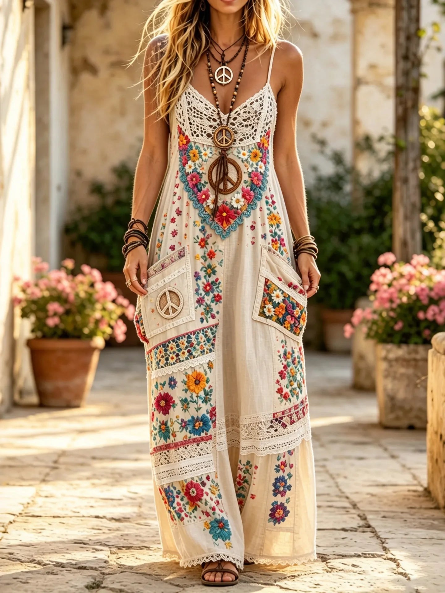 Women's Bohemian Hippie Floral Lace Print Dress