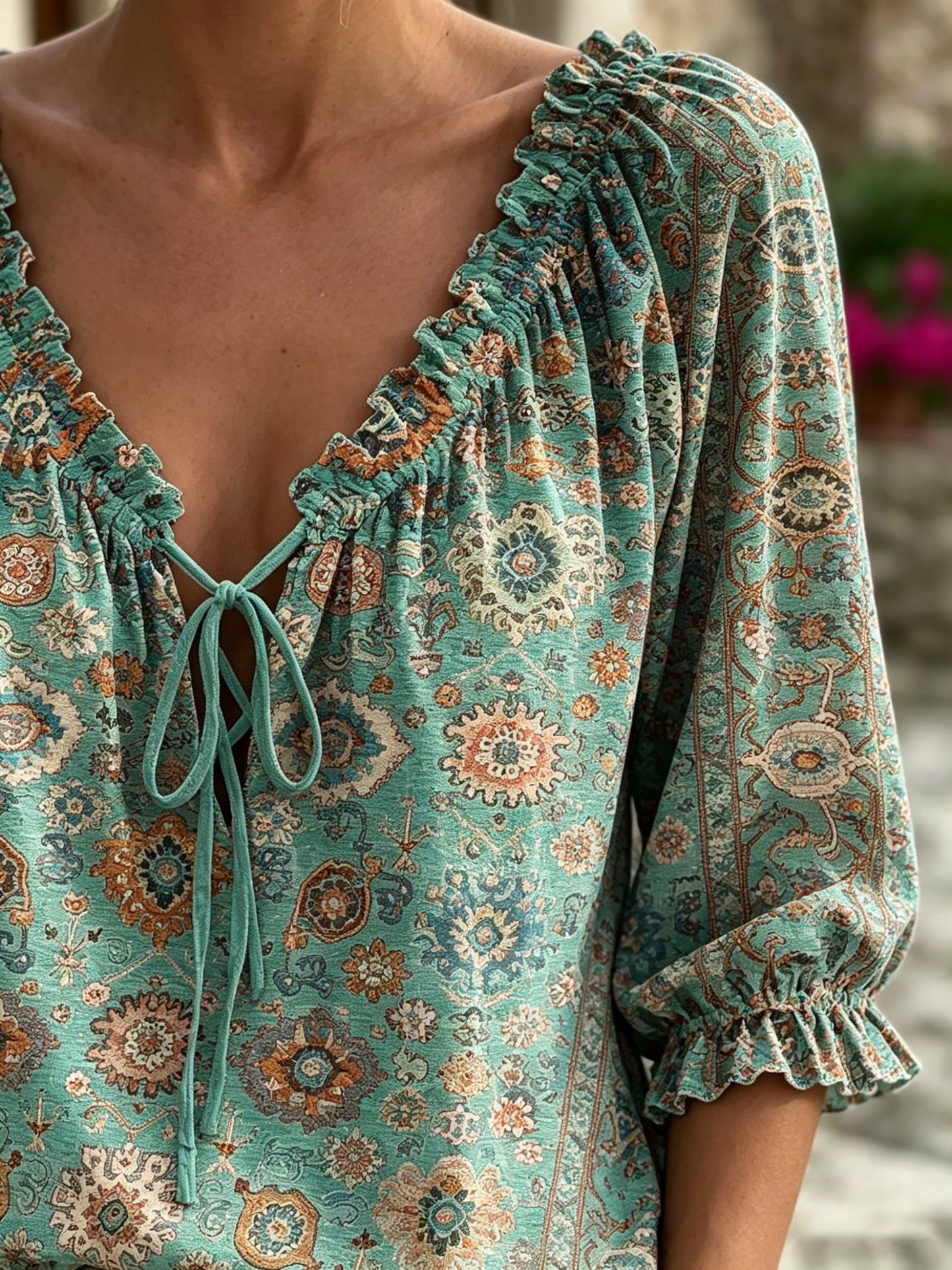 Women's Retro Ethnic Totem Art Print Casual Long-sleeved V-neck Ruffled Cotton Shirt