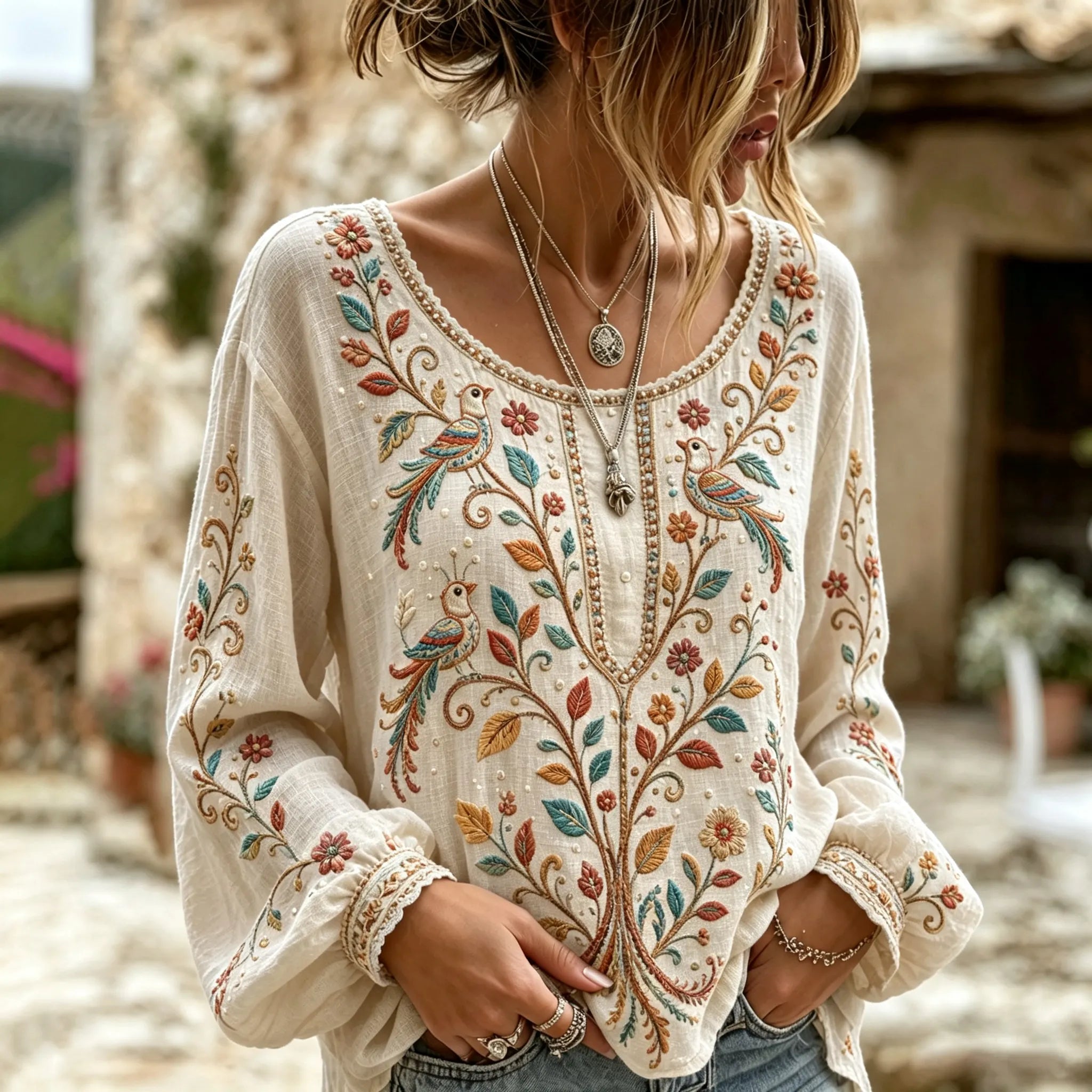 Women's Flowers And Birds Art Print Flowy Linen Blend Long Sleeve Casual Tops