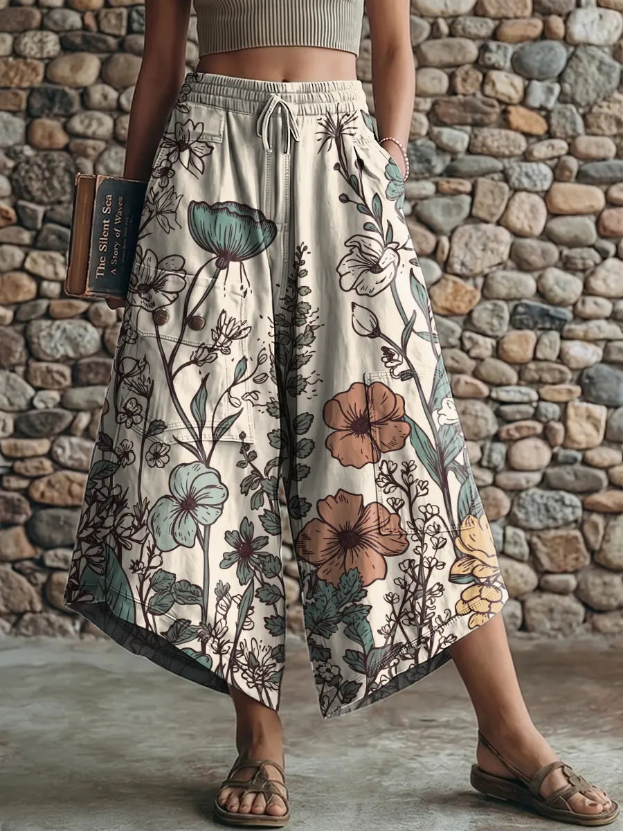 Vintage Flowers Women's Art Print Casual Elastic Waist Loose Pants
