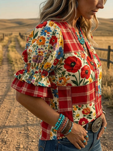 Vintage Floral Art Print V-neck Puff Sleeve Ruffle Shirt