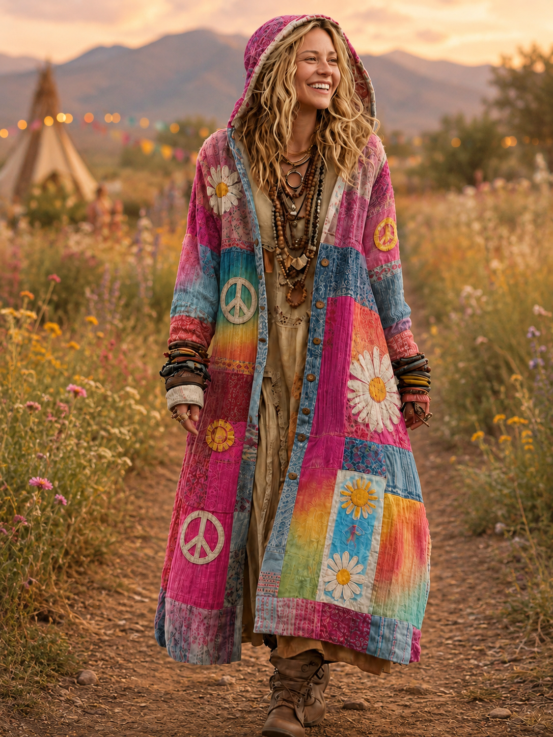 Retro Bohemian Style Art Printed Cotton Buttoned Hooded Casual Loose Long-Sleeved Shirt