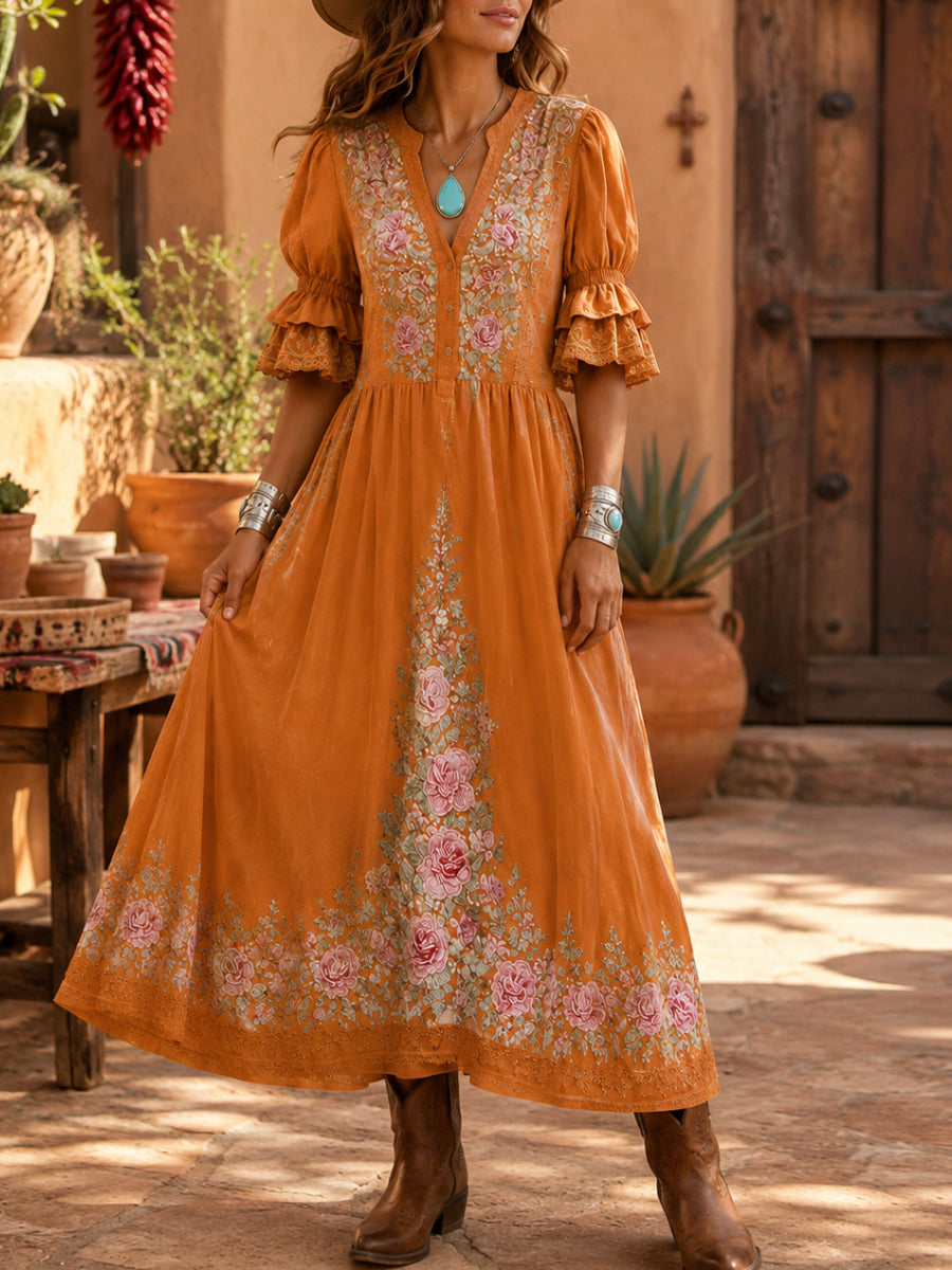 Women's Retro Art Print Washed Cotton Lace Patchwork Midi Dress