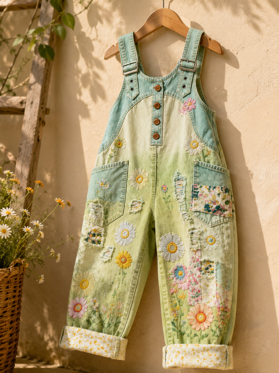 Women's Retro Style Art Print Washed Cotton Denim Patchwork Jumpsuit