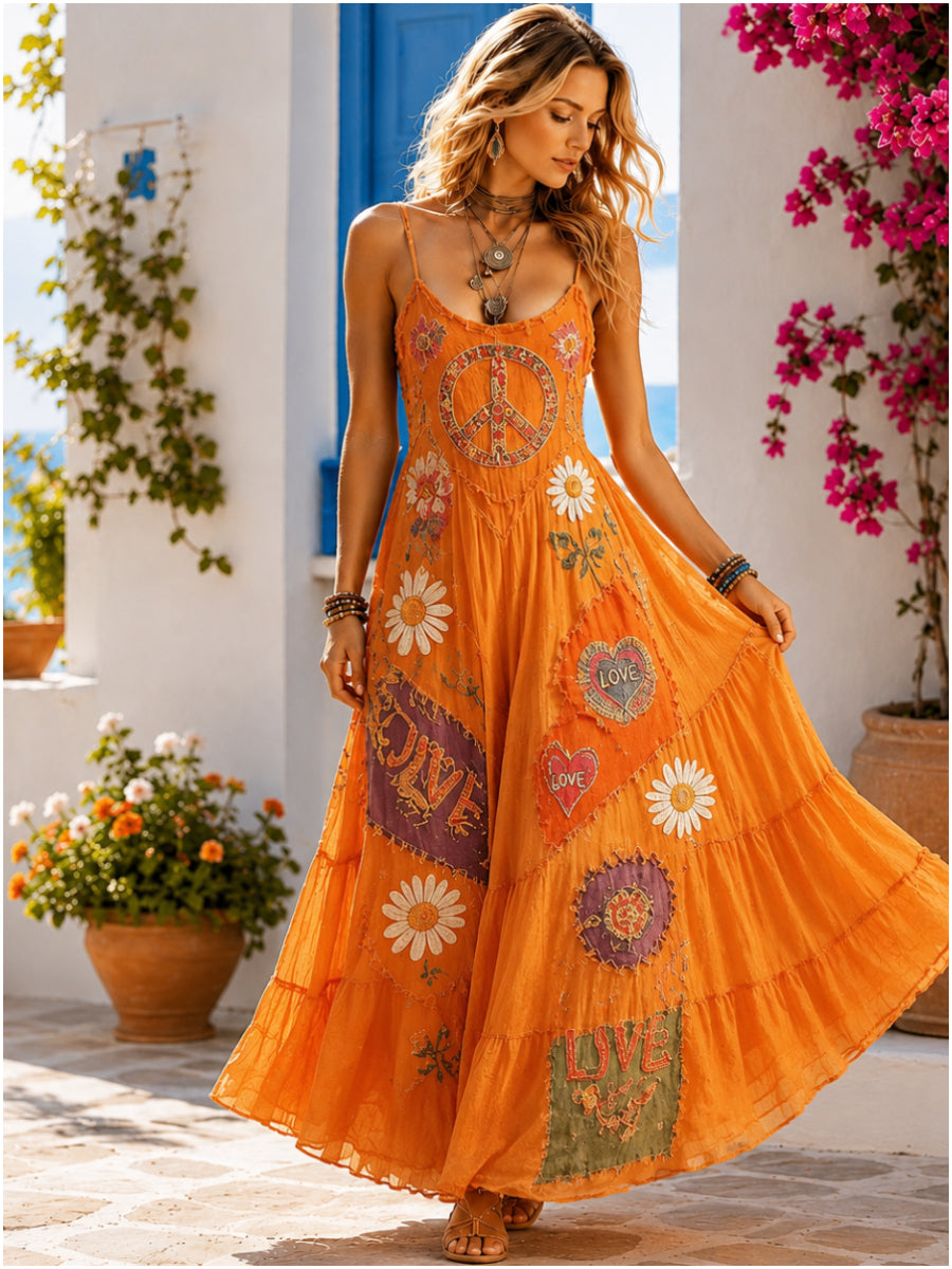 Women's Hippie Peace Sign Daisy Floral Patchwork Sleeveless Dress