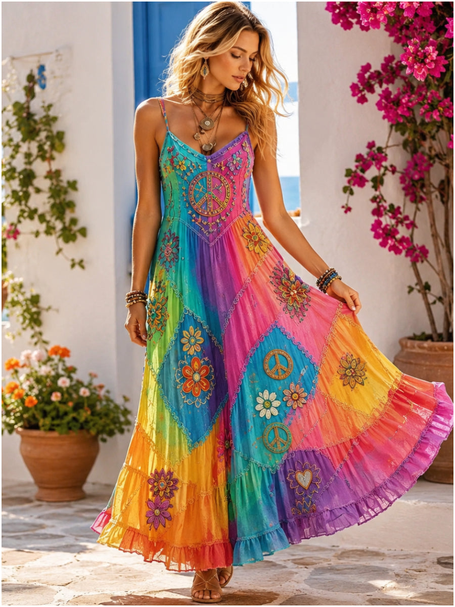 Women's Hippie Floral Peace Sign Contrast Patchwork Sleeveless Dress