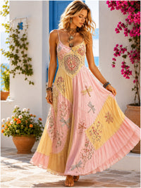Women's Boho Floral Dragonfly Patchwork Sleeveless Dress