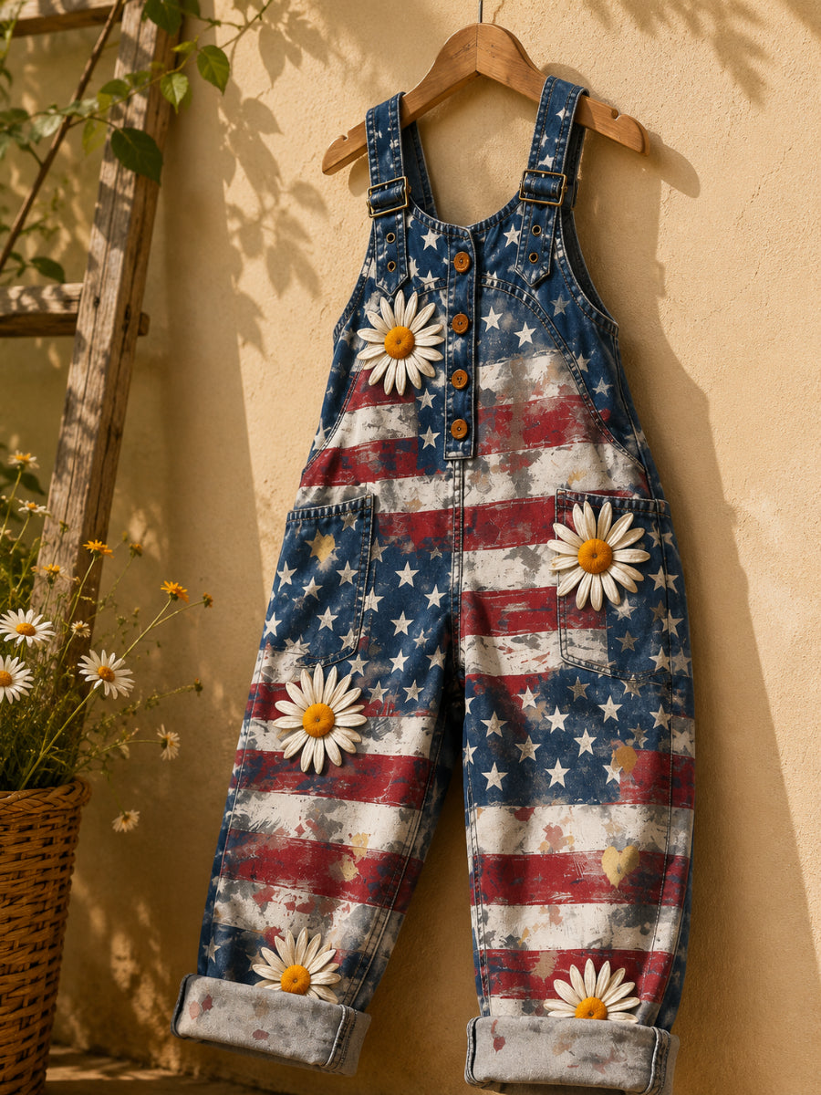 Women's Retro Style Art Print Washed Cotton Denim Patchwork Jumpsuit