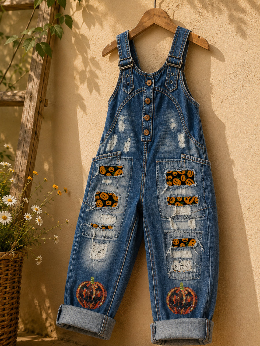 Women's Retro Style Art Print Washed Cotton Denim Patchwork Jumpsuit