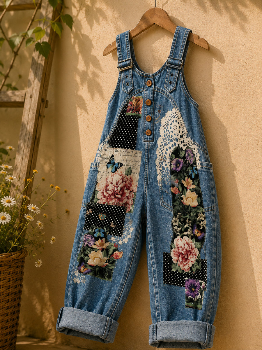Women's Retro Style Art Print Washed Cotton Denim Patchwork Jumpsuit