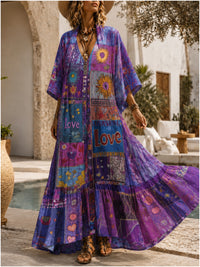 Retro Style Art Printed Vintage Camisole Dress Long Sleeve Two-Piece Maxi Dress