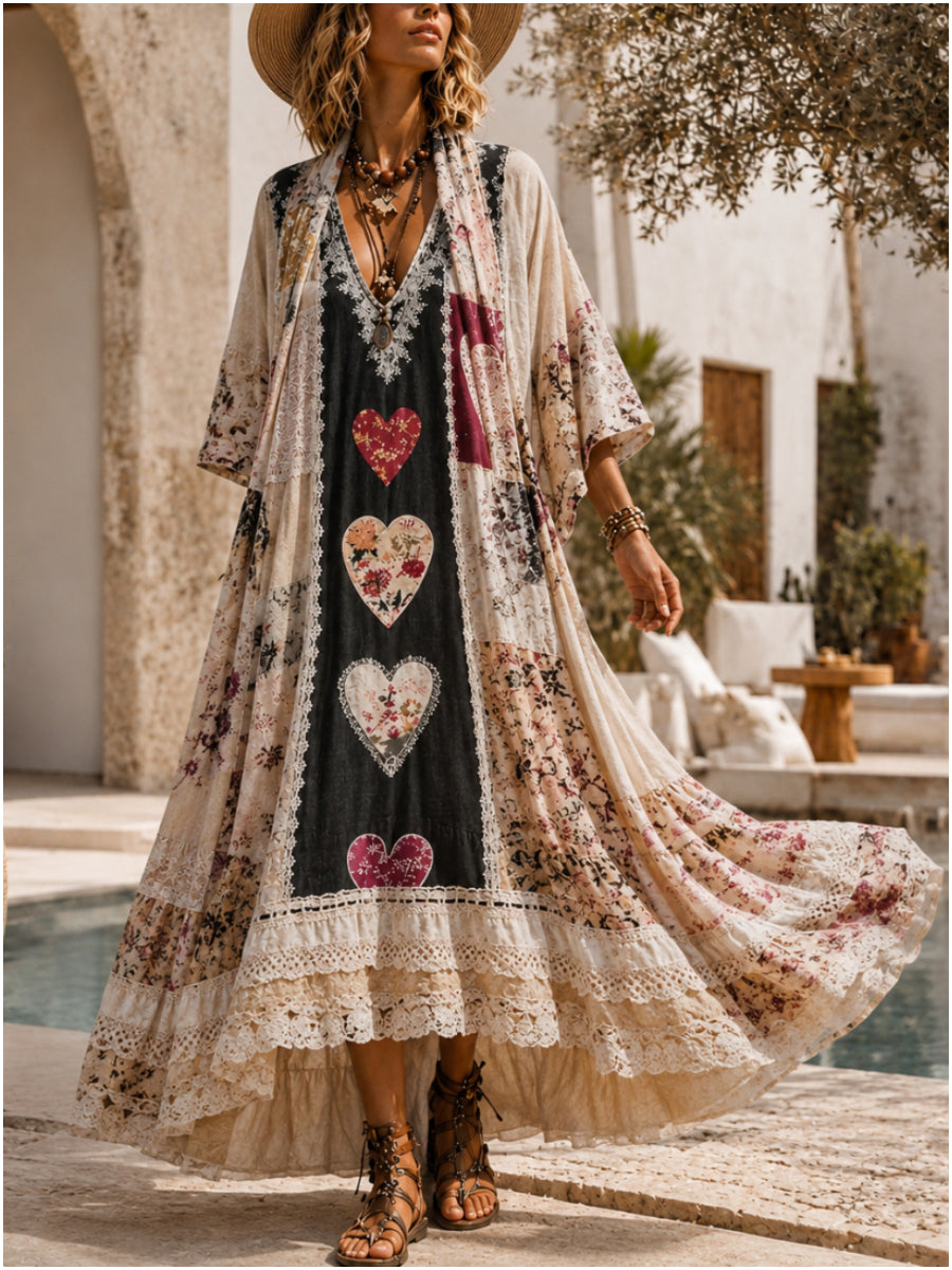 Retro Style Art Printed Vintage Camisole Dress Long Sleeve Two-Piece Maxi Dress