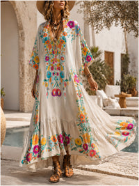 Retro Style Art Printed Vintage Camisole Dress Long Sleeve Two-Piece Maxi Dress