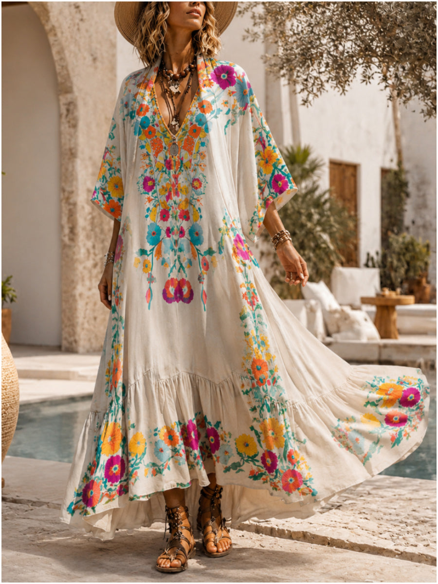 Retro Style Art Printed Vintage Camisole Dress Long Sleeve Two-Piece Maxi Dress