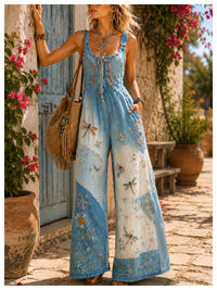 Women's Retro Style Art Print Washed Cotton Denim Patchwork Jumpsuit