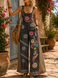 Women's Retro Style Art Print Washed Cotton Denim Patchwork Jumpsuit