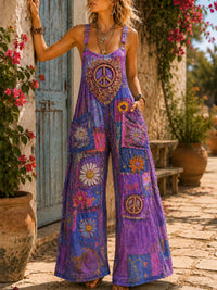 Women's Retro Style Art Print Washed Cotton Denim Patchwork Jumpsuit
