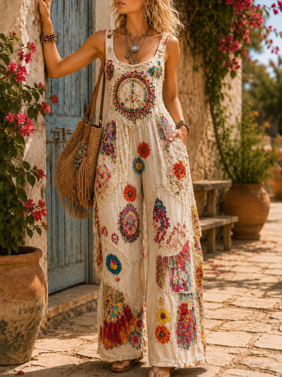 Women's Retro Style Art Print Washed Cotton Denim Patchwork Jumpsuit