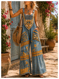 Women's Retro Style Art Print Washed Cotton Denim Patchwork Jumpsuit