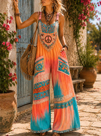 Women's Retro Style Art Print Washed Cotton Denim Patchwork Jumpsuit