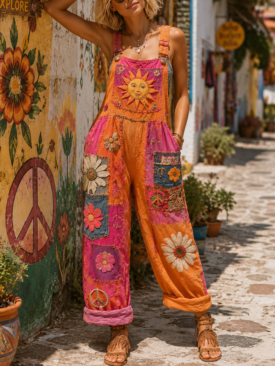 Women's Retro Style Art Print Washed Cotton Denim Patchwork Jumpsuit