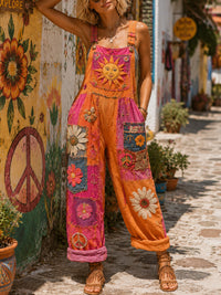 Women's Retro Style Art Print Washed Cotton Denim Patchwork Jumpsuit
