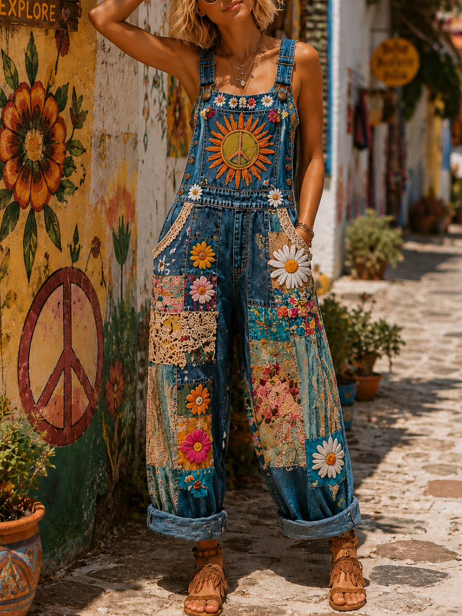 Women's Retro Style Art Print Washed Cotton Denim Patchwork Jumpsuit